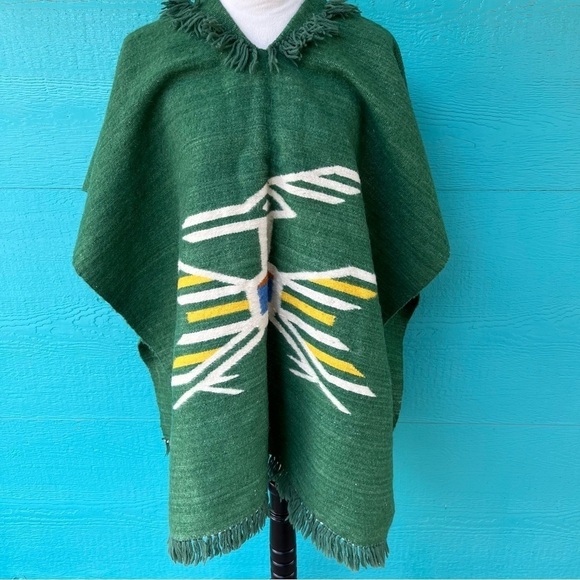 VINTAGE WOOL HAND LOOMED ROADRUNNER BIRD GREEN PONCHO EUC OSFA - Picture 1 of 7